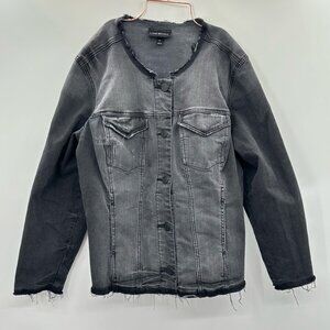 Lane Bryant Mildly Distressed Raw Collar Black Wash Denim Jacket Size 20